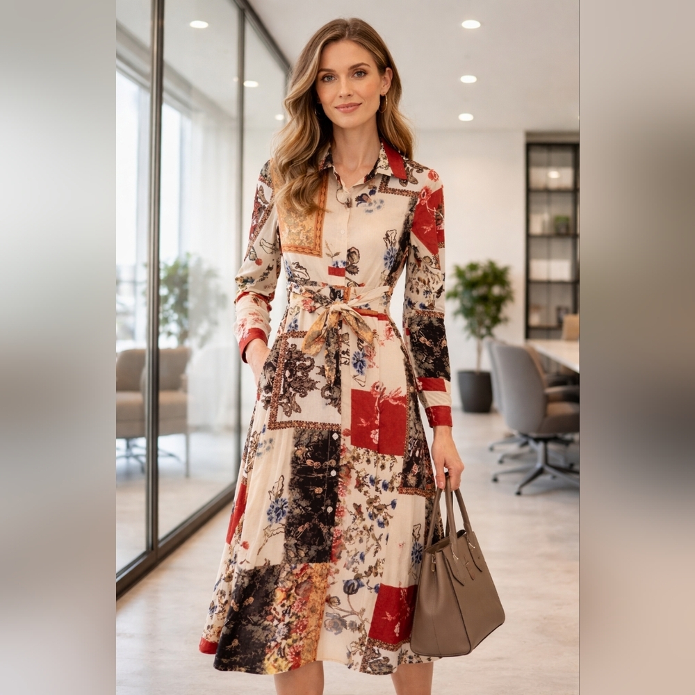 Affection Button Down Floral Patchwork Midi Fall Shirt Dress. Size S